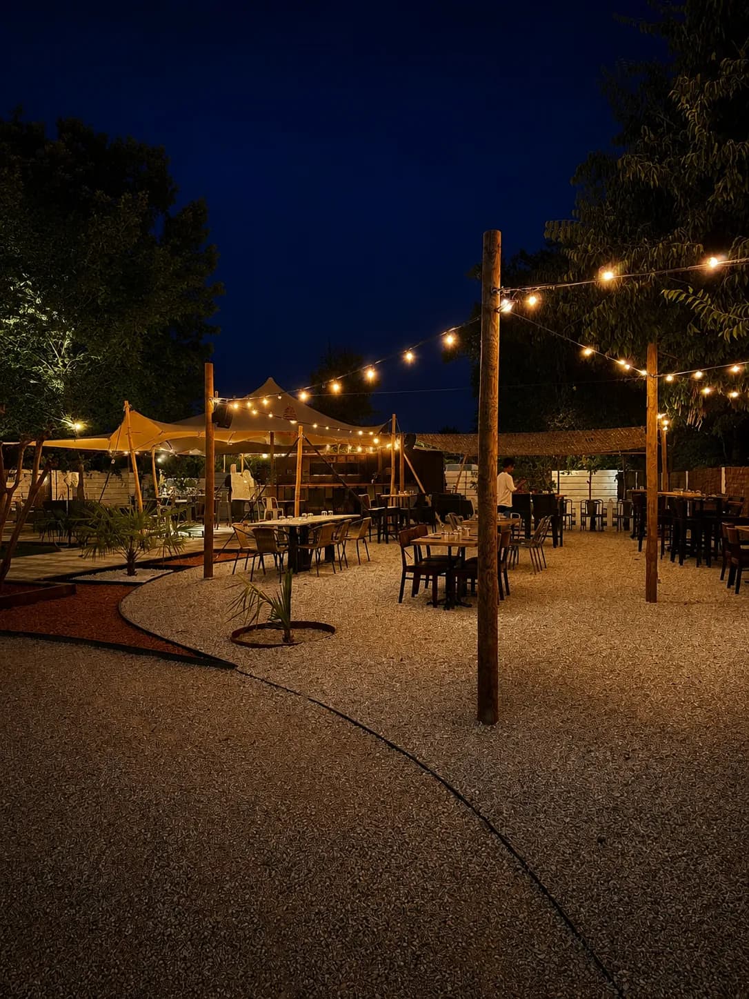 Verres et planche à partager dans le jardin en soirée